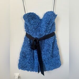 Chic Blue Textured Strapless Dress with Black Tie